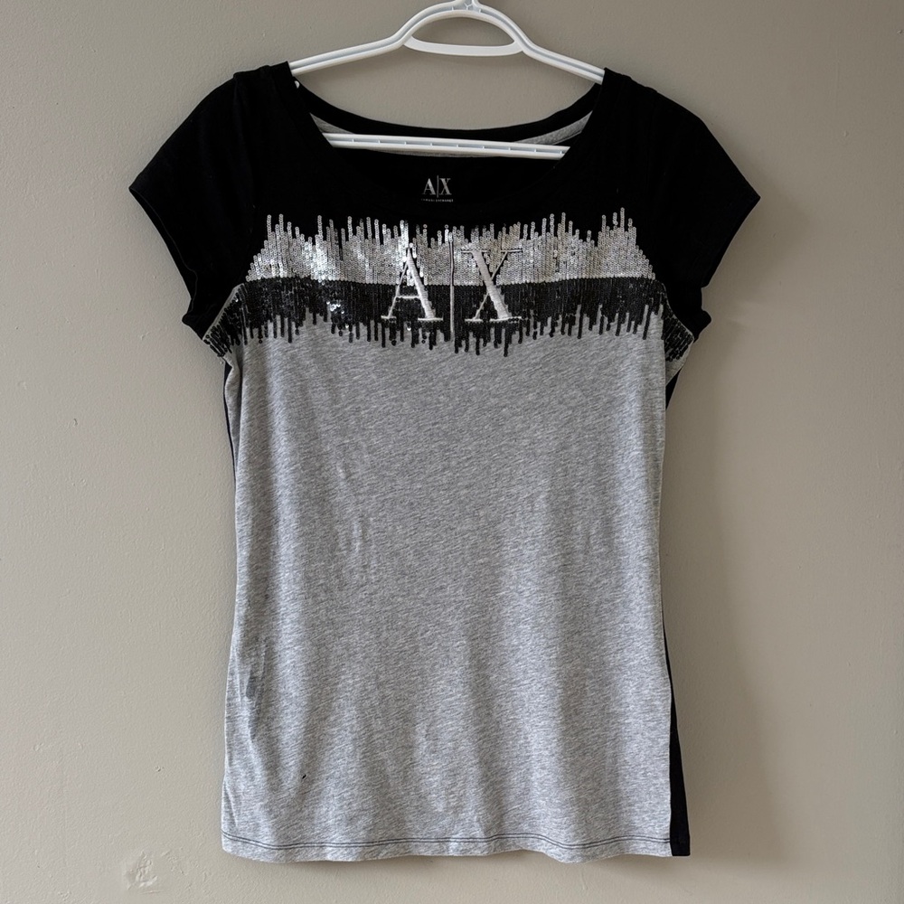 Armani Exchange Black and Gray Sequin Tee